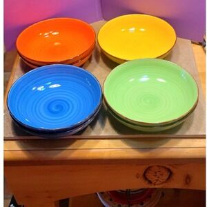 Set of 3 Vibrant Multicolor Stoneware Pasta Bowls 8.5" Swirl Pattern Rainbow